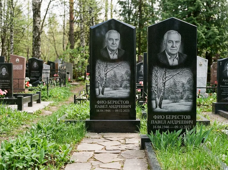 Памятник с гравировкой берёзы: массивная стела с двускатным навершием — зимняя берёза, снег на ветвях, дорожка из природного плитняка, работа «Берестов» в Пензе