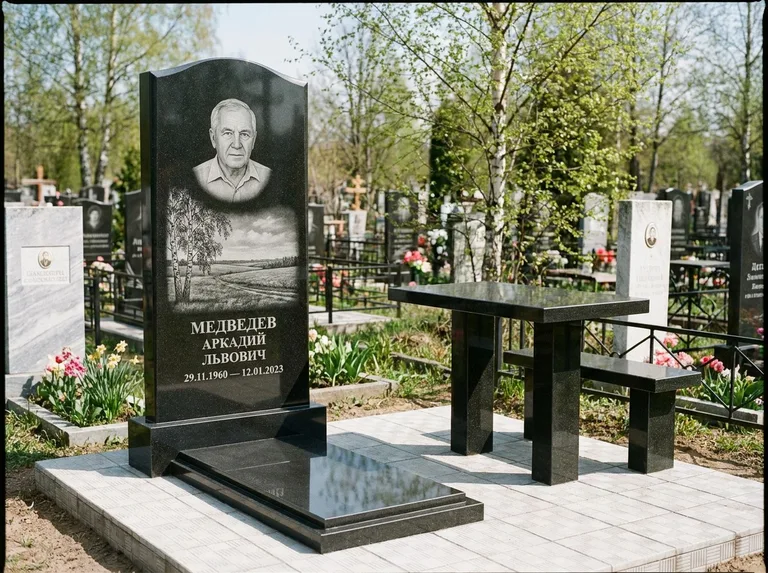 Памятник с гравировкой берёзы: стела с гранитным столиком и скамьёй — берёза у поля, простор до горизонта, семейный участок с плиткой, работа «Медведев» в Пензе