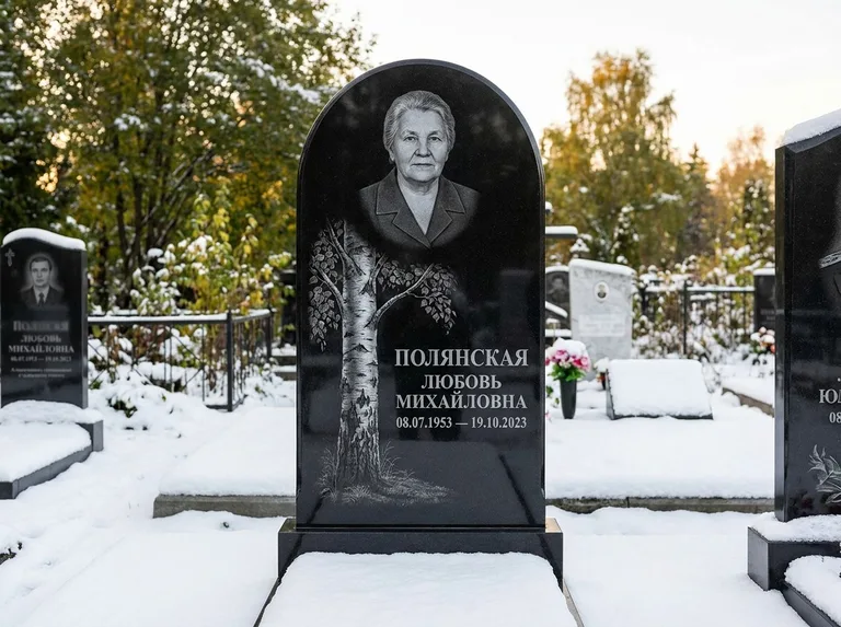 Памятник с гравировкой берёзы: полукруглая стела — объёмная одинокая берёза с фактурной корой, заснеженный зимний участок, работа «Полянская» в Пензе