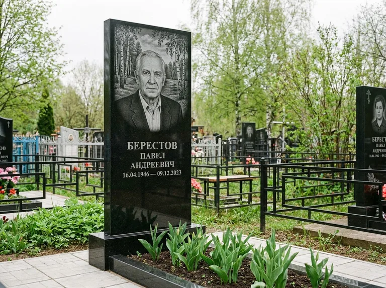 Памятник с гравировкой берёзы — гравировка берёзовой рощи в глубину, работа «Берестов» в Пензе