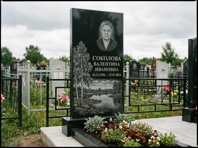 Памятник с гравировкой берёзы — гравировка берёзы у зеркального озера, работа «Соколова» в Пензе
