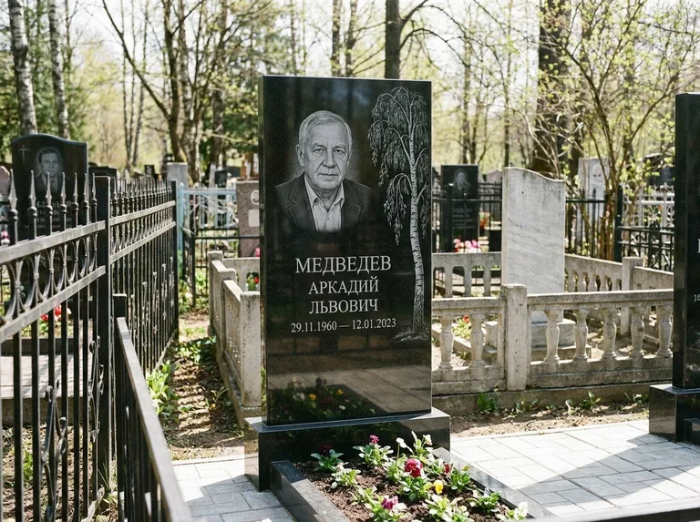 Памятник с гравировкой берёзы — гравировка плакучей берёзы с тонкими ветвями, работа «Медведев» в Пензе