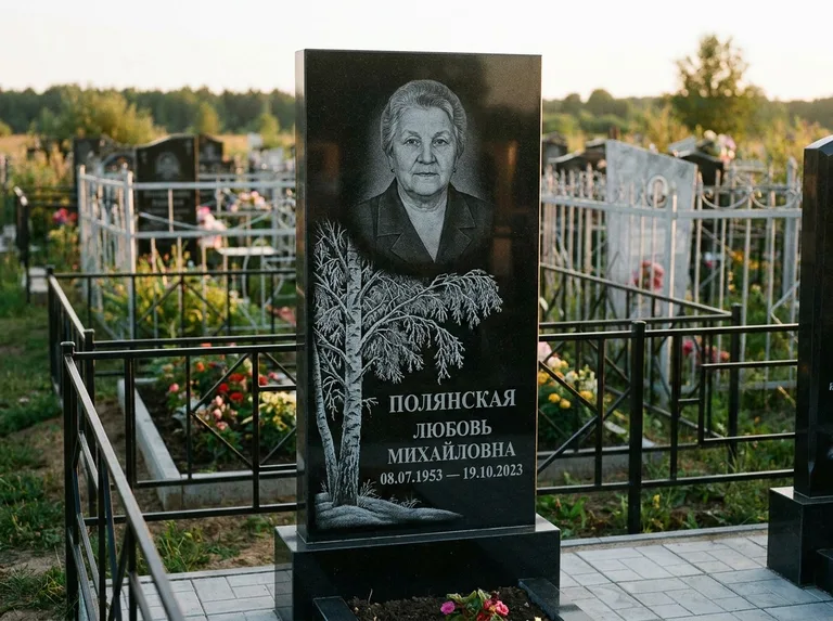 Памятник с гравировкой берёзы — гравировка зимней берёзы в инее, работа «Полянская» в Пензе