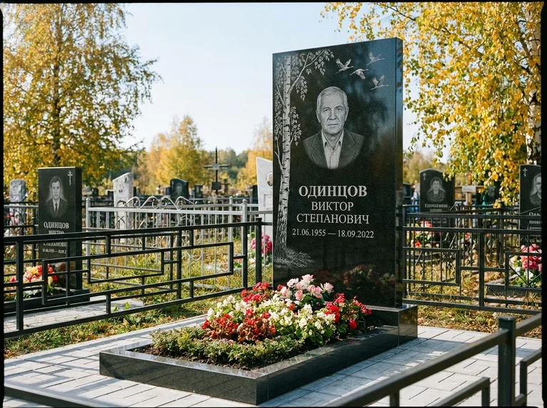 Памятник с гравировкой берёзы — гравировка берёзы с журавлиным клином в небе, работа «Одинцов» в Пензе