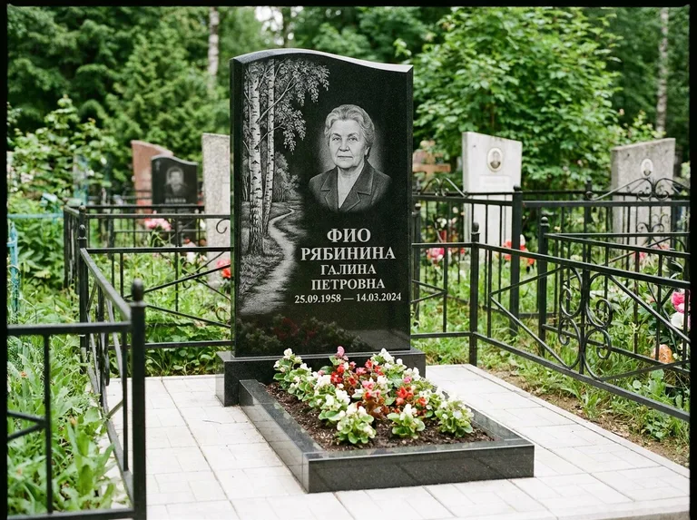 Памятник с гравировкой берёзы — гравировка берёзы у тропинки, уходящей вдаль, работа «Рябинина» в Пензе