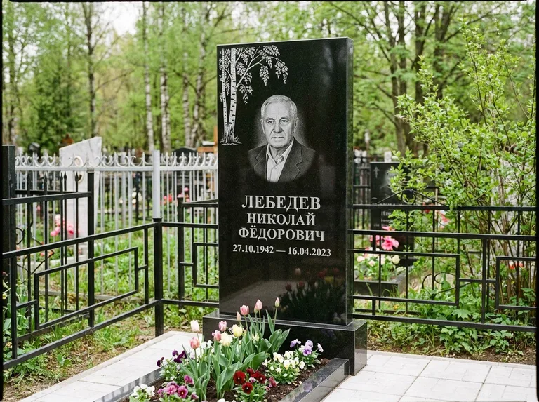 Памятник с гравировкой берёзы — гравировка одинокой берёзы над именем, работа «Лебедев» в Пензе
