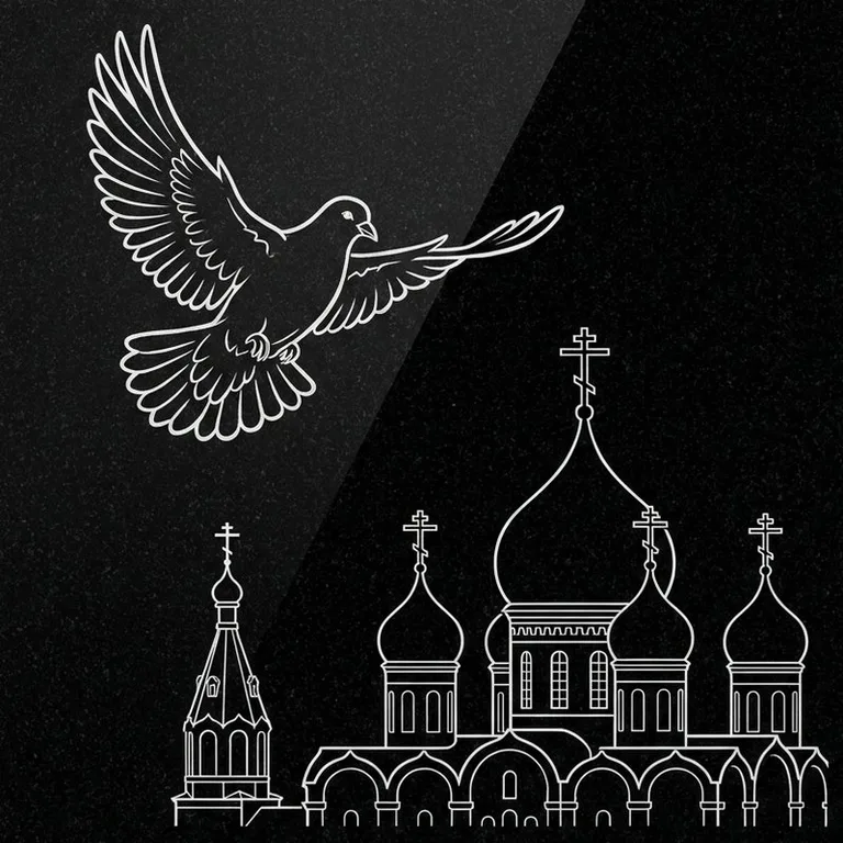 Эскиз гравировки голубей на памятник — голубь в небе над храмом в Пензе