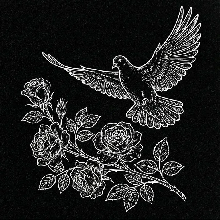 Эскиз гравировки голубей на памятник — летящий голубь над веткой роз в Пензе