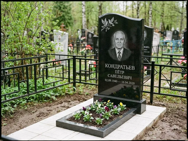 Памятник с гравировкой голубей — гравировка пары голубей на ветке в верхнем углу стелы, работа «Кондратьев» в Пензе