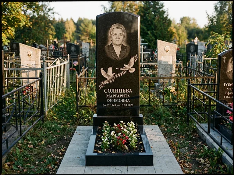 Памятник с гравировкой голубей — гравировка двух летящих голубей с лентой по диагонали стелы, работа «Солнцева» в Пензе