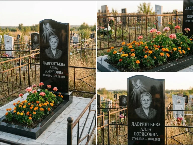 Памятник с гравировкой голубей — гравировка голубя в лучах света над портретом, работа «Лаврентьева» в Пензе