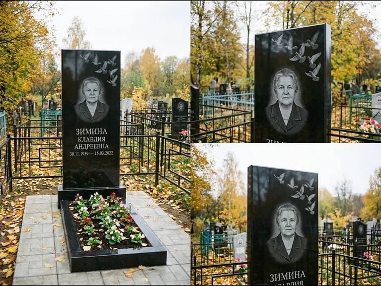 Памятник с гравировкой голубей — гравировка стаи голубей, взлетающей от угла стелы, работа «Зимина» в Пензе