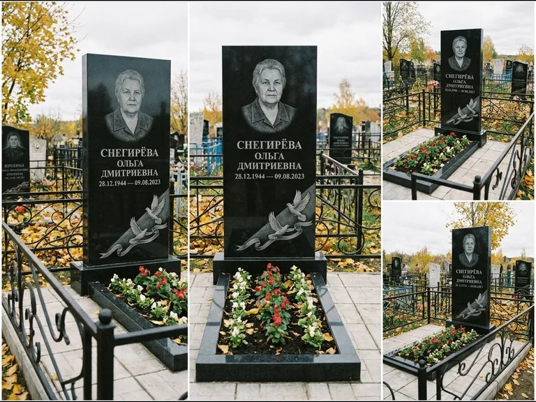 Памятник с гравировкой голубей — гравировка двух летящих голубей с лентой по диагонали стелы, работа «Снегирёва» в Пензе