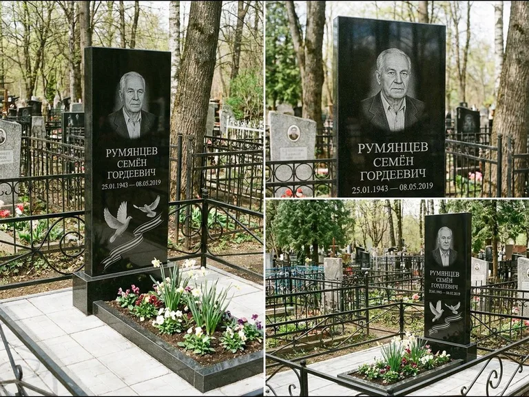 Памятник с гравировкой голубей — гравировка двух летящих голубей с лентой по диагонали стелы, работа «Румянцев» в Пензе