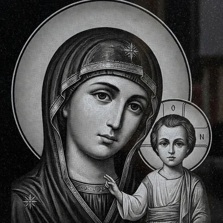 Эскиз иконы: Казанская (полутон) — детальный образ Богородицы, гравировка на памятник в Пензе