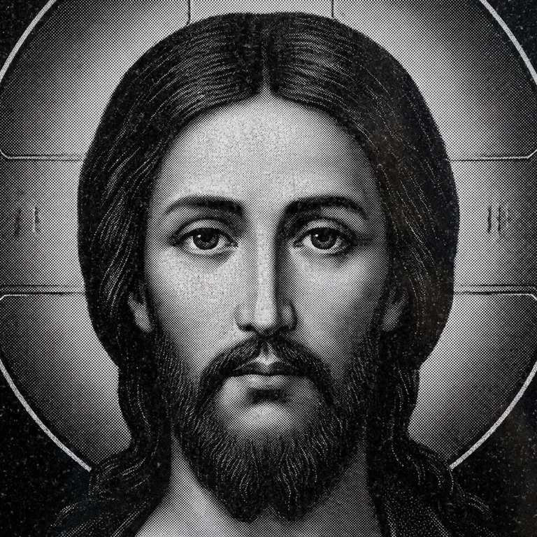 Эскиз иконы: Спас Вседержитель (полутон) — объёмный лик, светотень, гравировка на памятник в Пензе