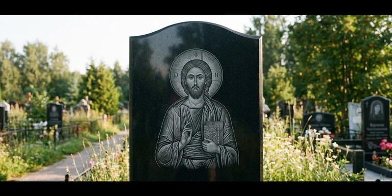 Иконы для гравировки на памятник в Пензе — образ на стеле из чёрного гранита с ручной доводкой лика