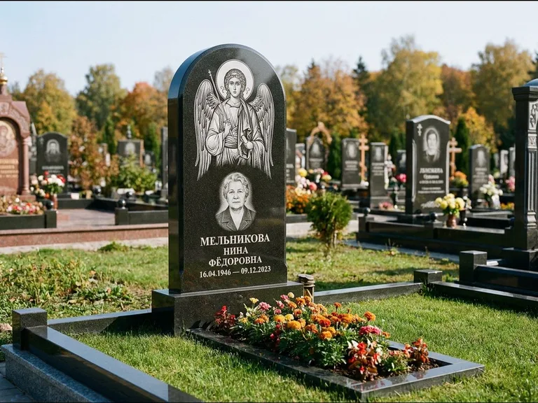 Памятник с гравировкой иконы — икона над портретом усопшего, работа «Журавлёв» в Пензе
