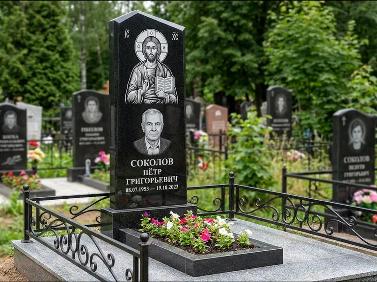 Памятник с гравировкой иконы — образ Николая Чудотворца, работа «Мельникова» в Пензе