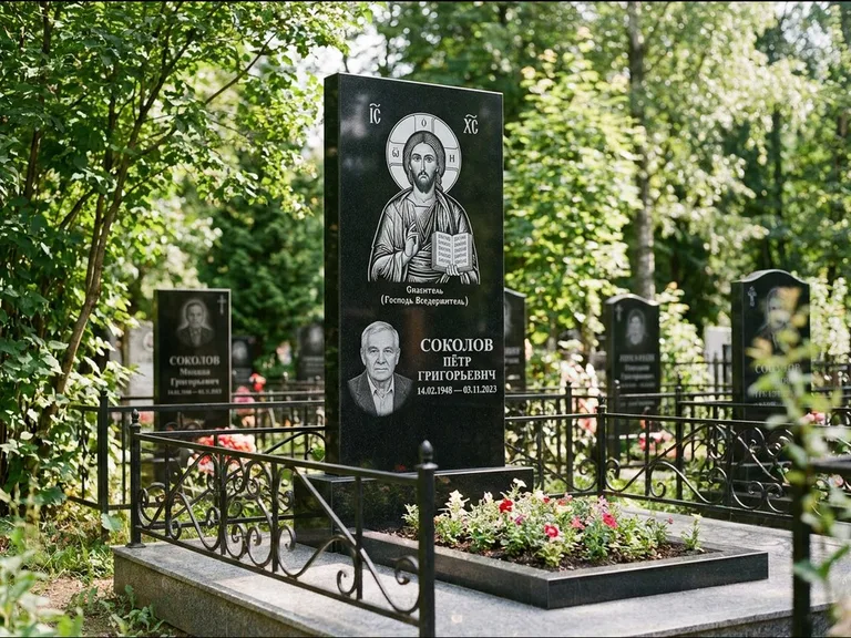 Памятник с гравировкой иконы — икона Спаса Вседержителя над именем усопшего, работа «Воронцова» в Пензе
