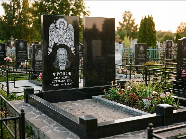 Памятник с гравировкой иконы: стела с резной рамкой вокруг иконы — Архангел Михаил на стеле, белая мраморная крошка с бордюром, работа «Богданова» в Пензе