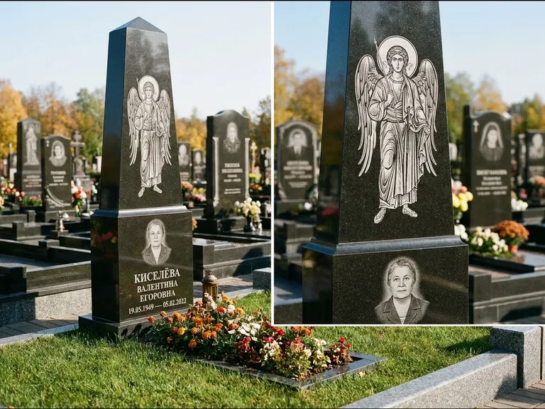 Памятник с гравировкой иконы: асимметричная скошенная стела — гравировка образа Спасителя, живая изгородь из кустарника, работа «Третьяков» в Пензе