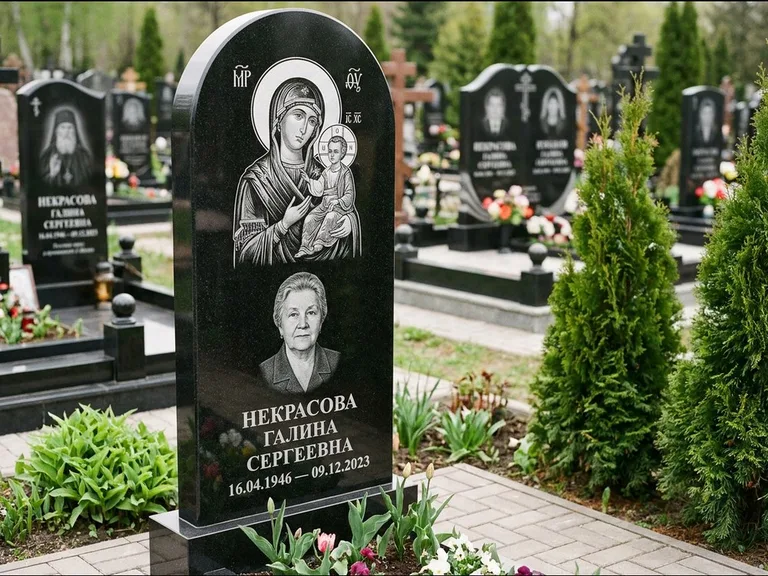 Памятник с гравировкой иконы: фигурная стела с киот-нишей под икону — икона в резной рамке-киоте, светлая гравийная отсыпка, работа «Журавлёв» в Пензе