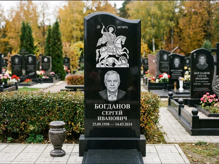 Памятник с гравировкой иконы: монументальный семейный мемориал из двух стел на общем цоколе — гравировка Николая Чудотворца, мощёная гранитная площадка без ограды, работа «Раевская» в Пензе