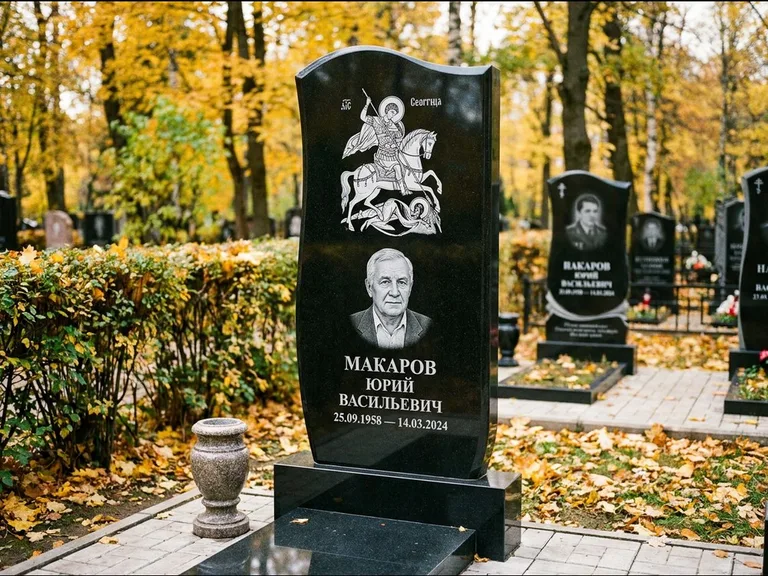 Памятник с гравировкой иконы — икона над портретом усопшего, работа «Раевская» в Пензе