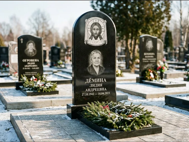 Памятник с гравировкой иконы — икона Спаса Вседержителя над именем усопшего, работа «Ковалёв» в Пензе
