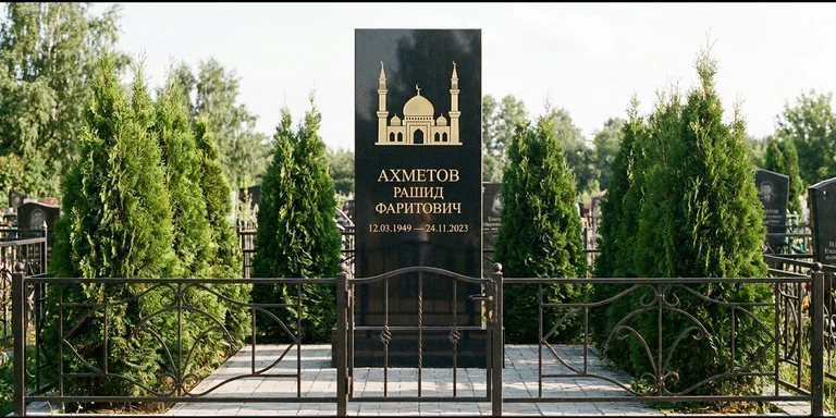 Гравировка мечети на памятник в Пензе — стела из чёрного гранита, оформление по канонам ислама