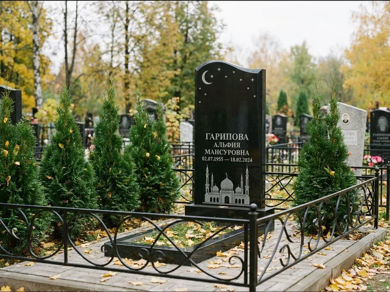 Мусульманский памятник с гравировкой мечети — мечеть с луной в ночном небе, работа «Гарипова» в Пензе