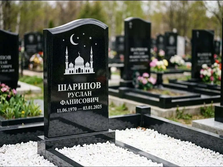 Мусульманский памятник с гравировкой мечети: стела с волнообразным скошенным верхом — гравировка мечети под полумесяцем и звёздами, белая мраморная крошка с бордюром, работа «Шарипов» в Пензе