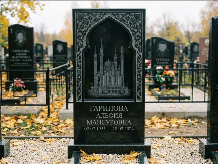 Мусульманский памятник с гравировкой мечети: фигурная стела с михраб-нишей — гравировка мечети в михраб-арке с орнаментом, светлая гравийная отсыпка, работа «Гарипова» в Пензе