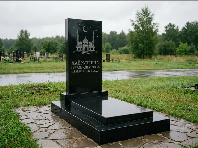 Мусульманский памятник с гравировкой мечети: ступенчатая двухуровневая стела — гравировка мечети под полумесяцем и звёздами, каменная дорожка из плитняка, работа «Хайруллина» в Пензе