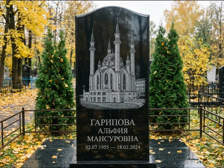 Мусульманский памятник с гравировкой мечети — мечеть Кул-Шариф на обороте стелы, работа «Гарипова» в Пензе