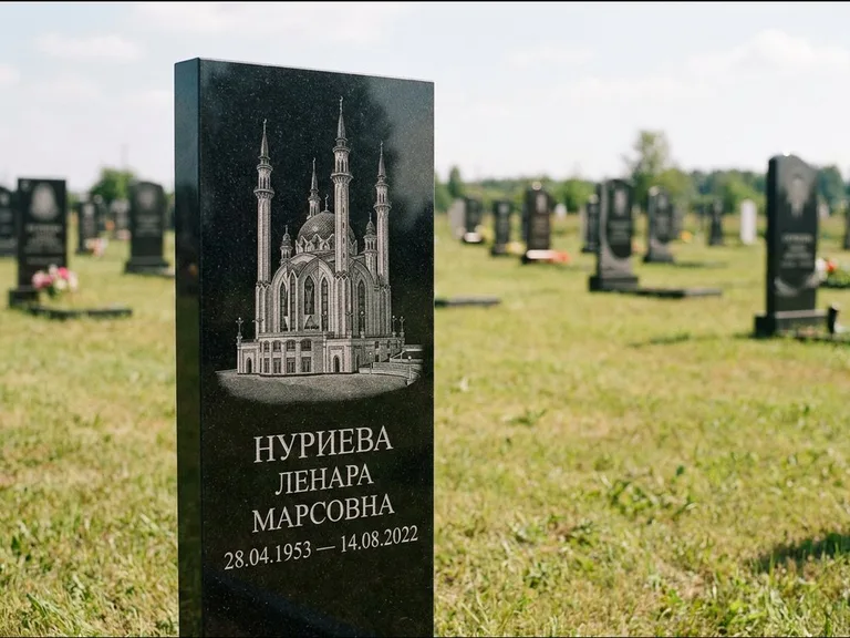 Мусульманский памятник с гравировкой мечети: узкая вертикальная стела-пилон — гравировка мечети в михраб-арке с орнаментом, открытая лужайка без ограды, работа «Хайруллина» в Пензе