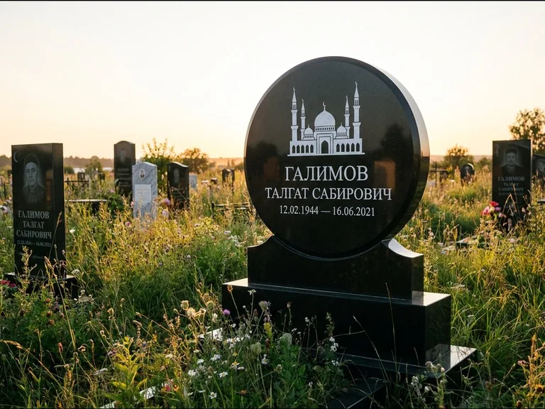 Мусульманский памятник с гравировкой мечети: округлая стела-медальон на тумбе — гравировка мечети в михраб-арке с орнаментом, луговые травы и полевые цветы, работа «Каримов» в Пензе
