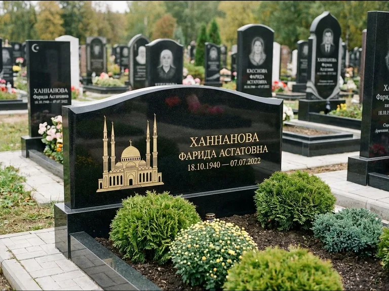 Мусульманский памятник с гравировкой мечети: вытянутая горизонтальная семейная стела с аркой — белая гравировка силуэта мечети с минаретами, участок с декоративными кустами, работа «Гарипова» в Пензе