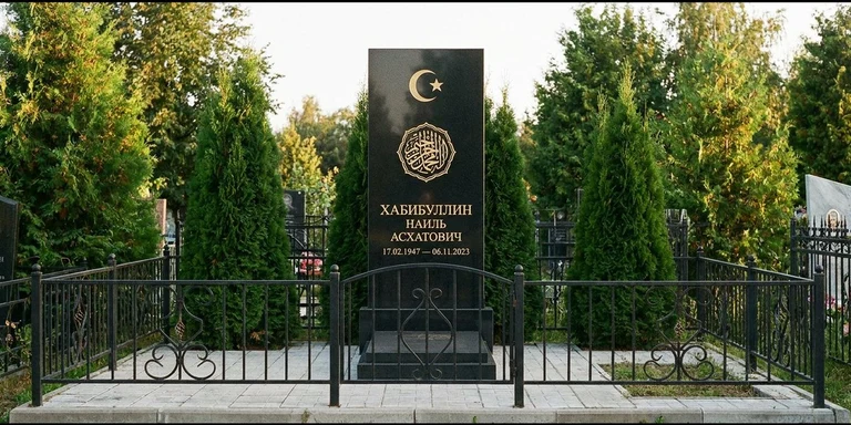 Гравировка на мусульманском памятнике в Пензе — стела из чёрного гранита, оформление по канонам ислама