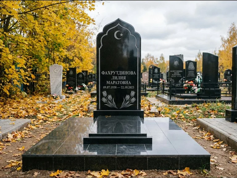 Мусульманский памятник: стела с михраб-навершием в форме арки — гравировка минарета с полумесяцем, гранитный цоколь с тёмной плиткой, работа «Фахрутдинова» в Пензе