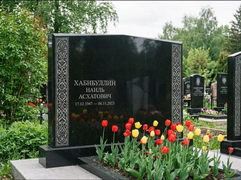 Мусульманский памятник: широкая двойная семейная стела — золочёная гравировка мечети, цветник с тюльпанами, работа «Хабибуллин» в Пензе