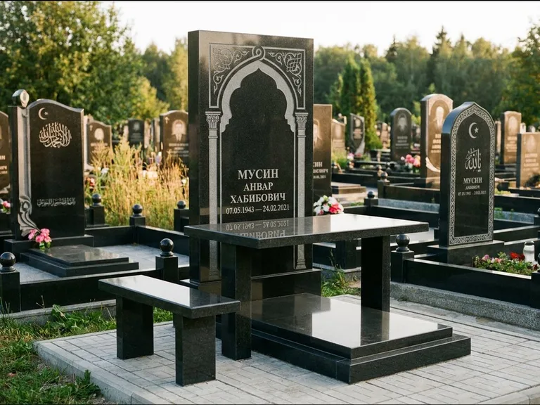 Мусульманский памятник: стела с гранитным столиком и скамьёй — гравировка мечети под полумесяцем и звёздами, семейный участок с плиткой, работа «Гимаев» в Пензе