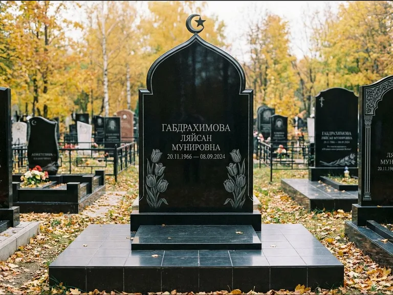 Мусульманский памятник: массивная стела с михраб-навершием — белая гравировка силуэта мечети с минаретами, цоколь тёмной плиткой, работа «Магомедова» в Пензе