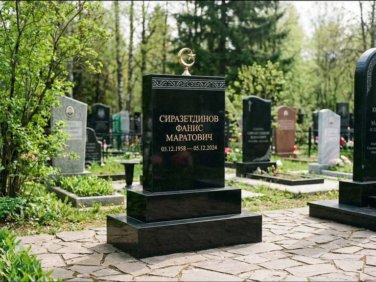 Мусульманский памятник: ступенчатая трёхуровневая стела — золочёная гравировка мечети, дорожка из природного плитняка, работа «Мустафин» в Пензе