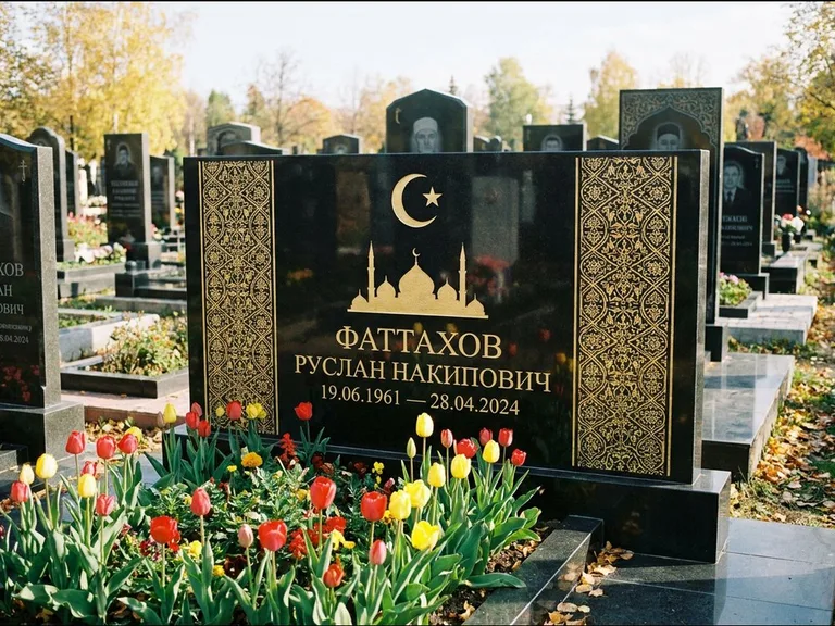 Мусульманский памятник: широкая панорамная стела с золочёным орнаментом — гравировка минарета с полумесяцем, цветник с тюльпанами, работа «Сулейманов» в Пензе