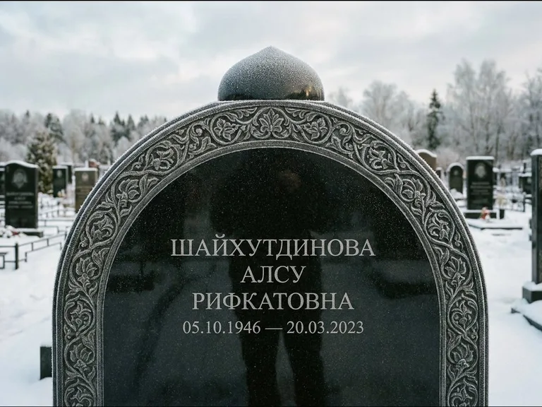 Мусульманский памятник: полукруглая стела с купольным навершием — гравировка мечети под полумесяцем и звёздами, заснеженный зимний участок, работа «Ганиева» в Пензе