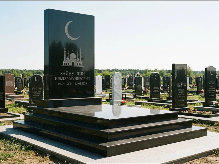 Мусульманский памятник: массивная стела на ступенчатом постаменте — гравировка мечети под полумесяцем и звёздами, гранитная площадка без ограды, работа «Хабибуллин» в Пензе