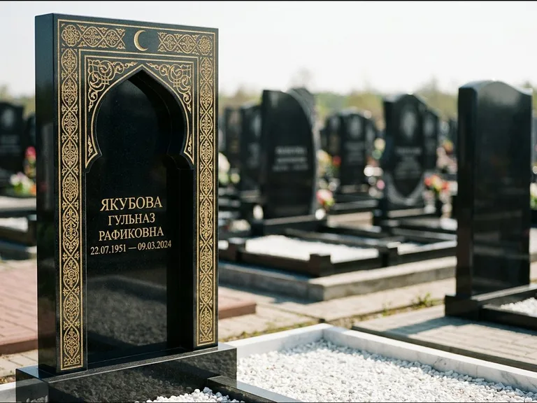 Мусульманский памятник: стела в форме михраба с глубокой нишей и золочёным орнаментом — детализированная гравировка мечети Кул-Шариф, участок с белой мраморной крошкой, работа «Мустафин» в Пензе