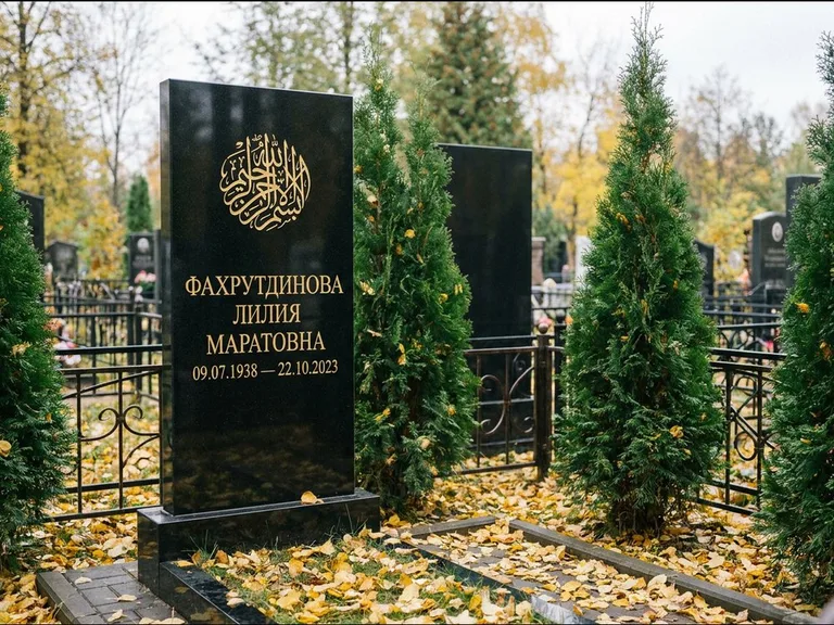 Мусульманский памятник — шахада в верхней части стелы, работа «Фахрутдинова» в Пензе